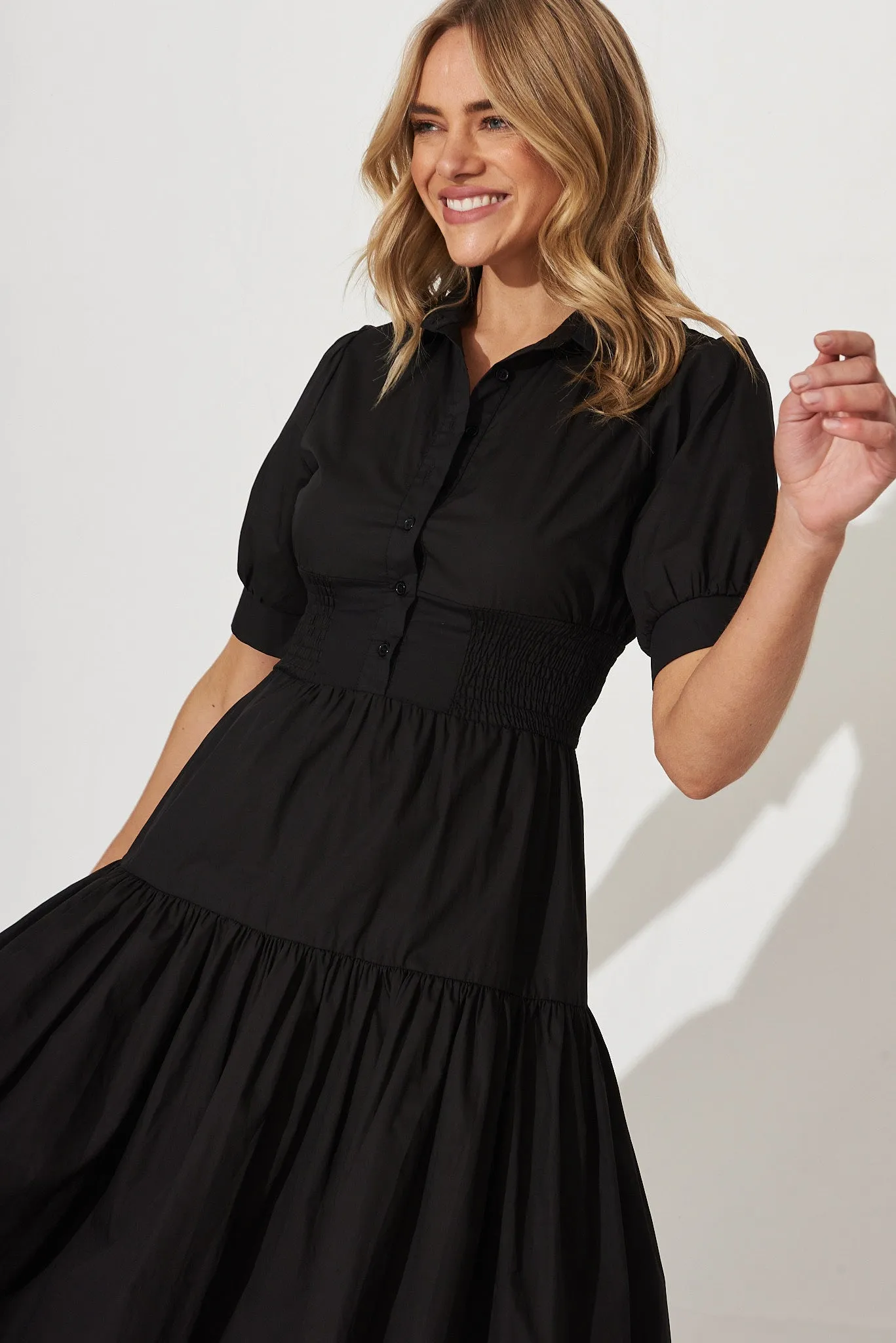 Fairfax Midi Shirt Dress In Black Cotton sold by St Frock product image thumbnail 3