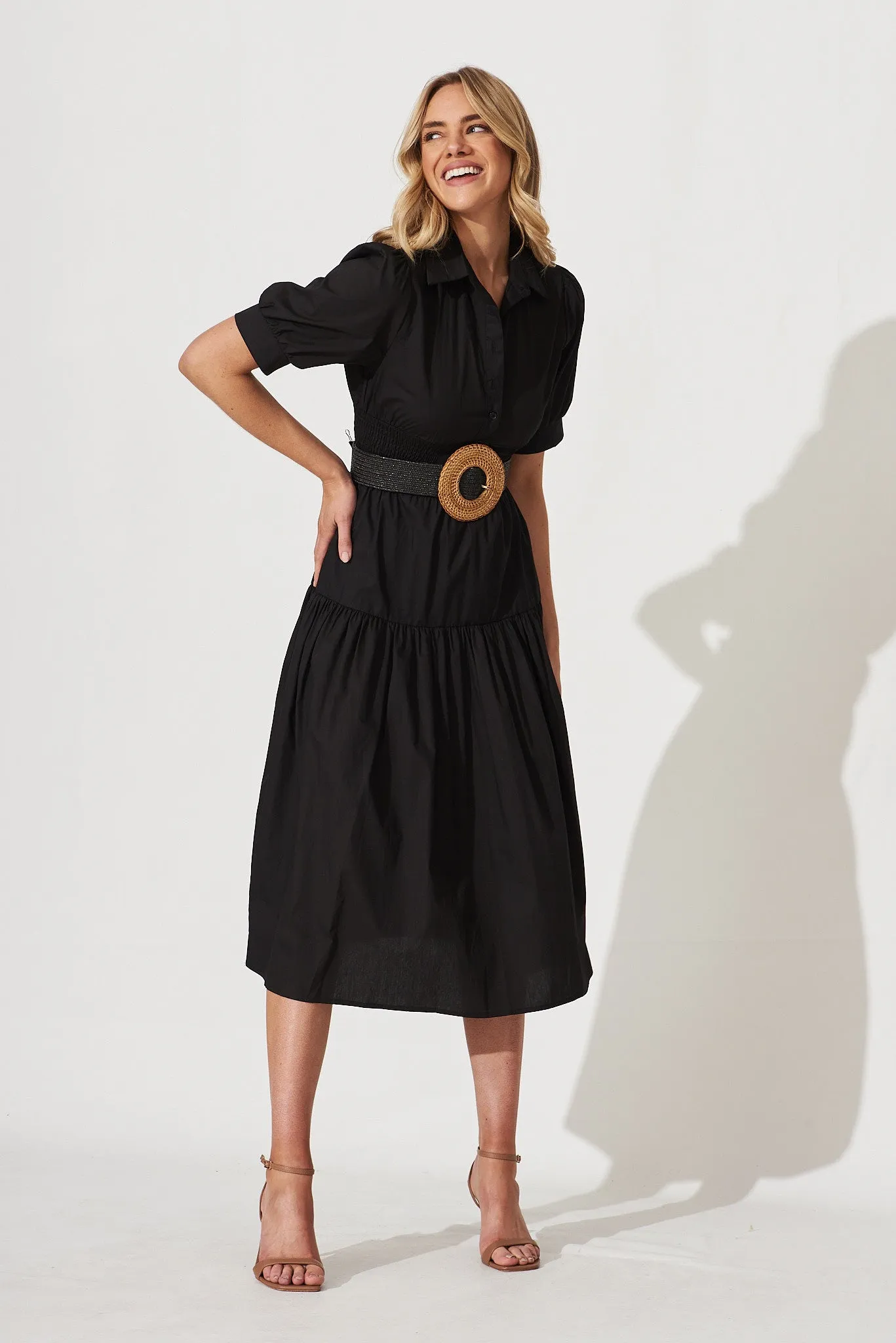 Fairfax Midi Shirt Dress In Black Cotton sold by St Frock product image thumbnail 2