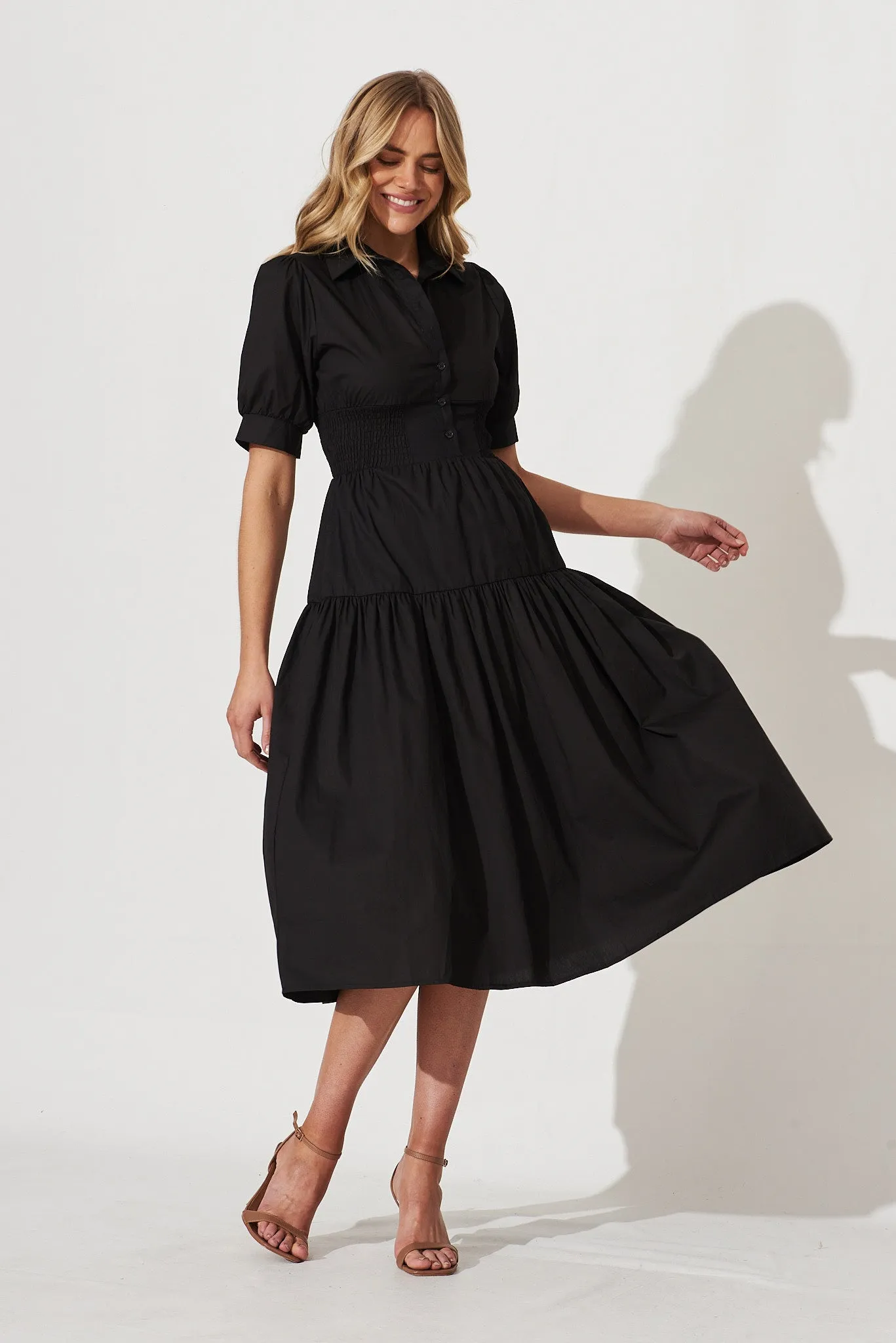 Fairfax Midi Shirt Dress In Black Cotton sold by St Frock