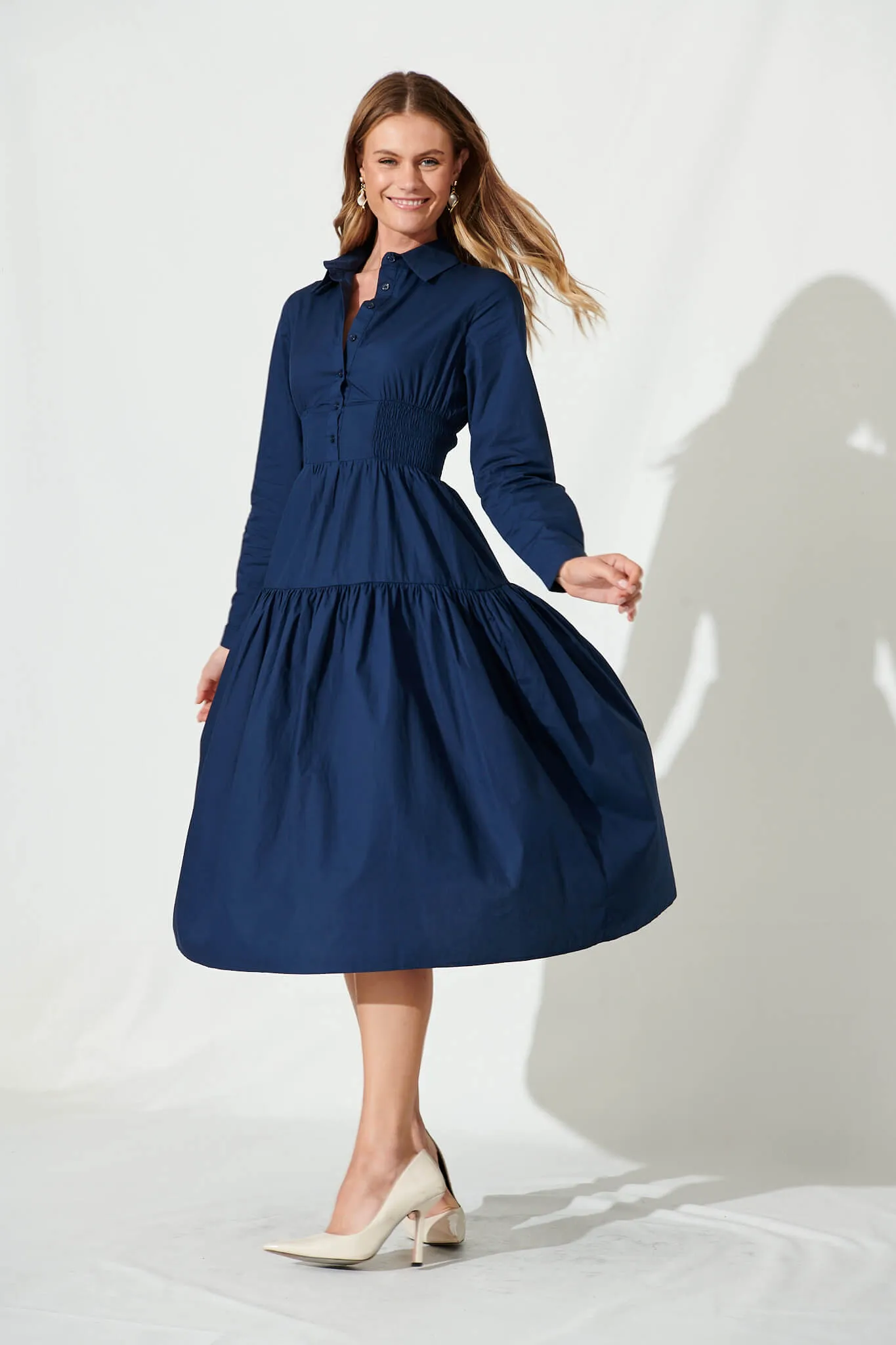 Fairfield Midi Shirt Dress In Navy Cotton sold by St Frock product image thumbnail 5