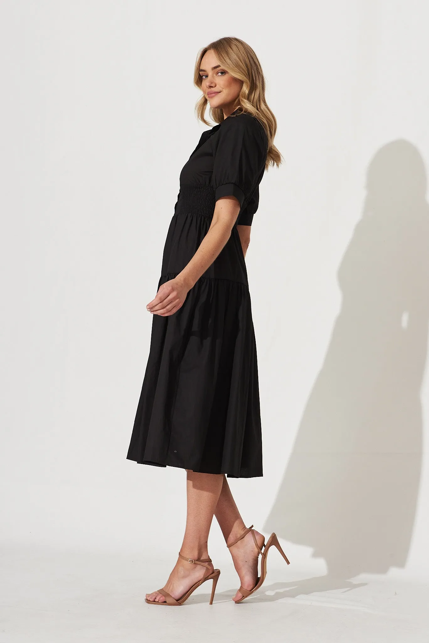 Fairfax Midi Shirt Dress In Black Cotton sold by St Frock product image thumbnail 4