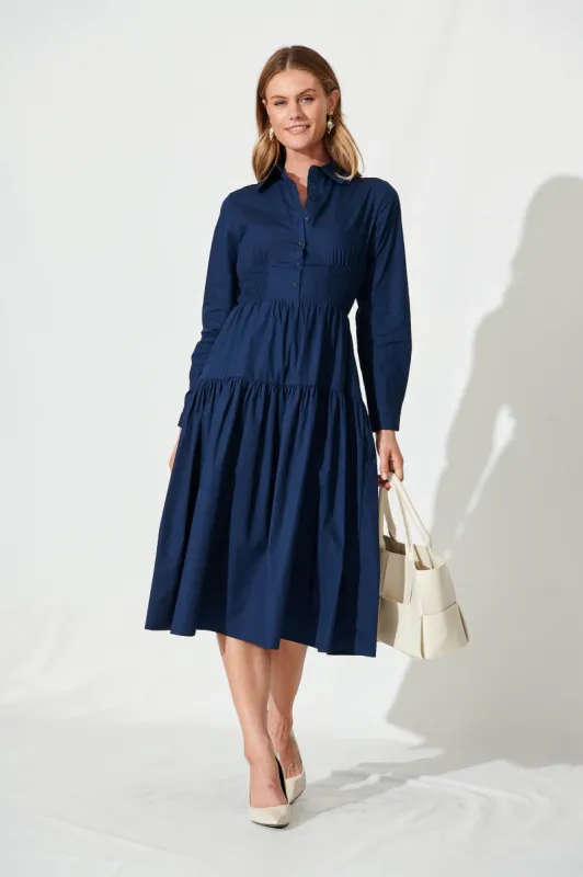 Fairfield Midi Shirt Dress In Navy Cotton sold by St Frock