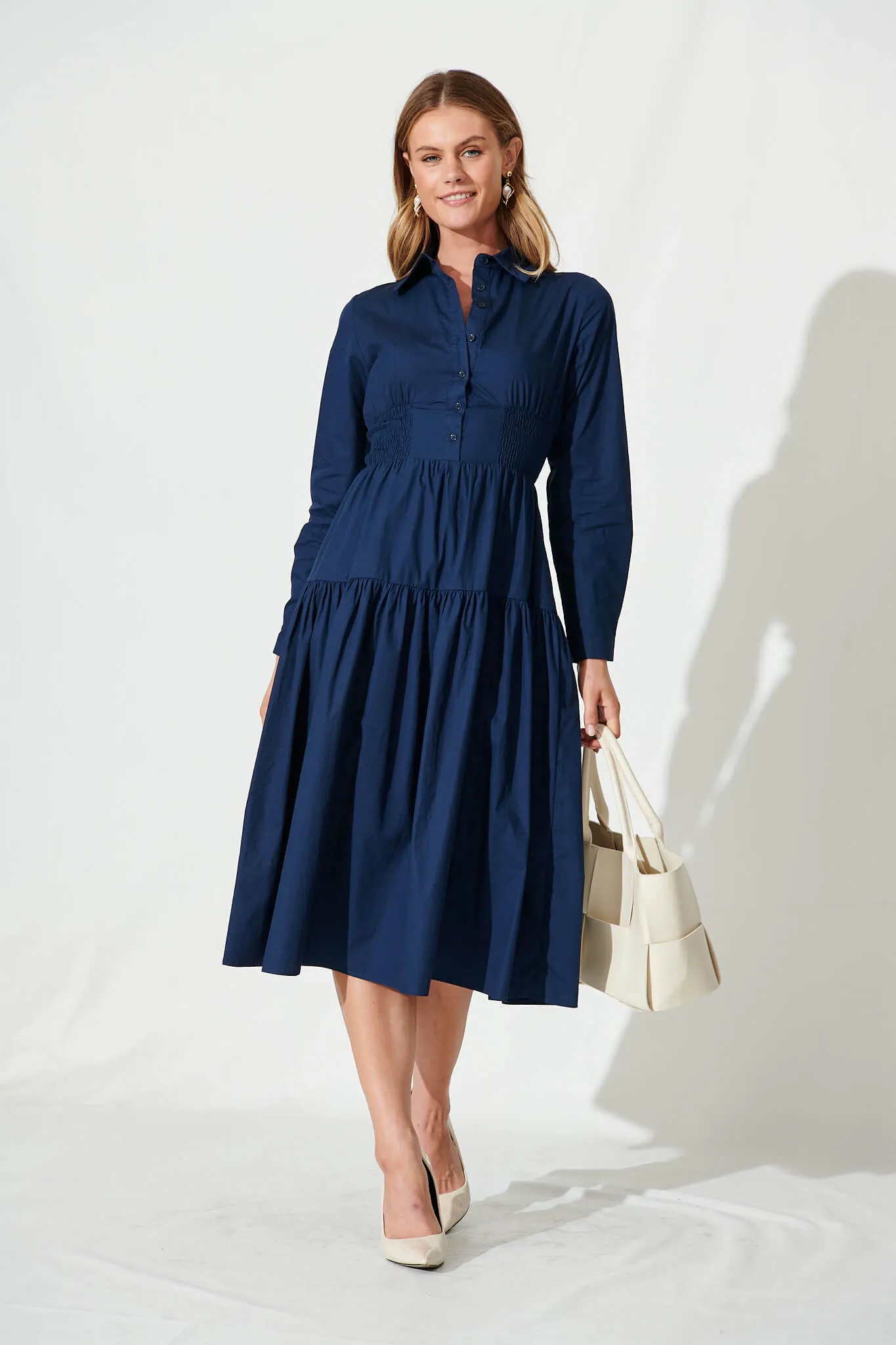 Fairfield Midi Shirt Dress In Navy Cotton sold by St Frock