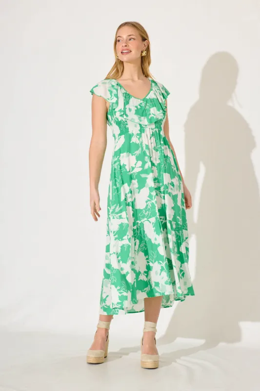 Mireille Maxi Dress In Green With White Floral sold by St Frock
