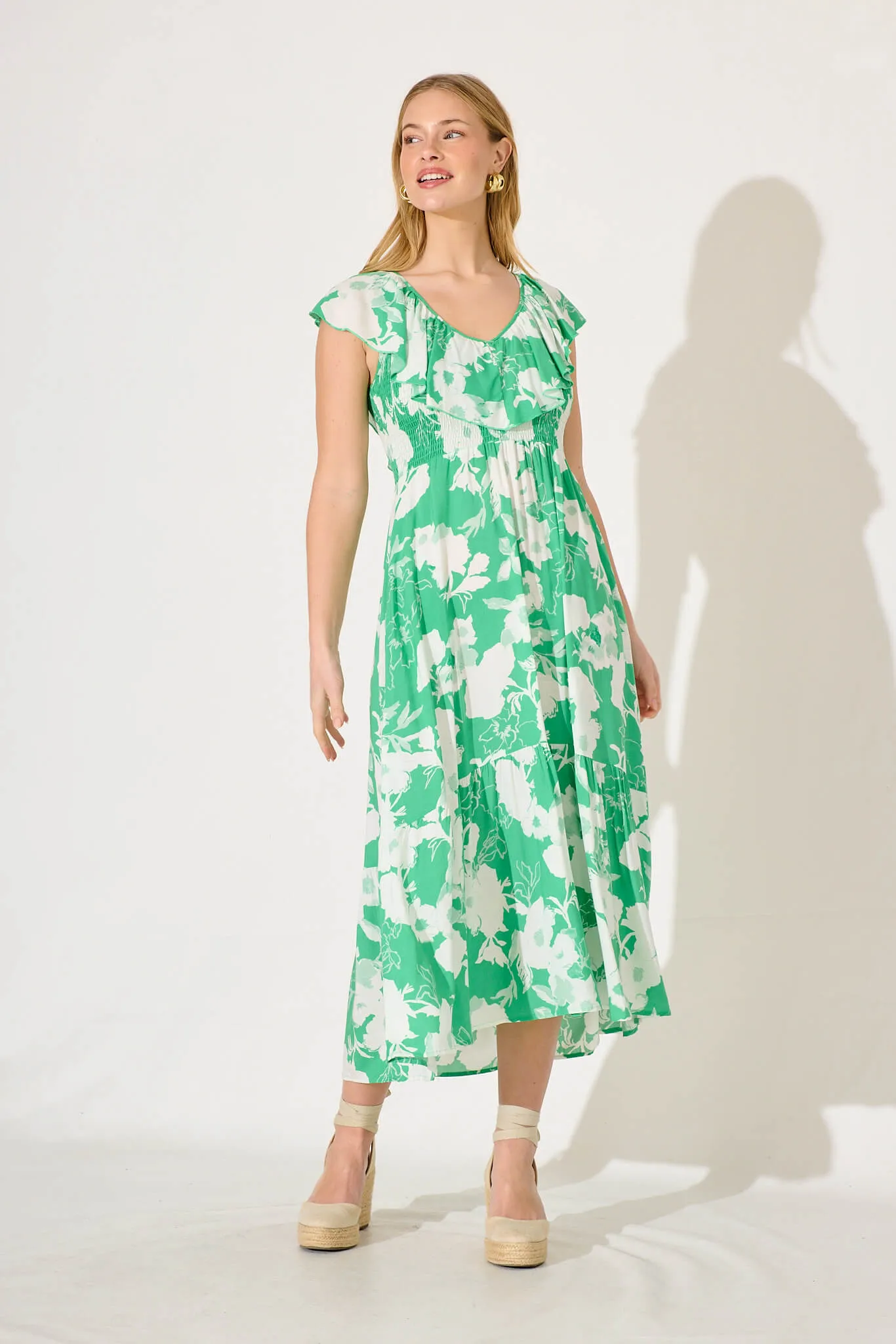 Mireille Maxi Dress In Green With White Floral sold by St Frock
