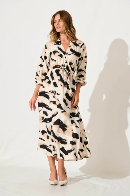 Cassia Maxi Dress In Beige With Black Print sold by St Frock