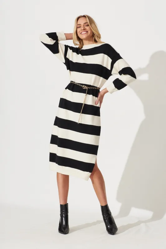 Adair Knit Dress In Black With White Stripe Wool Blend sold by St Frock