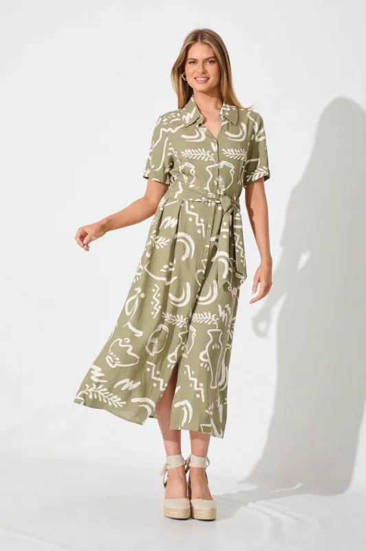 Florian Midi Shirt Dress In Khaki And White Linen Blend sold by St Frock