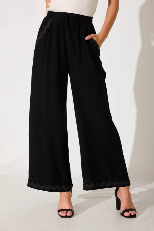 Anya Pant In Black With Ric Rac Trim Linen Blend sold by St Frock