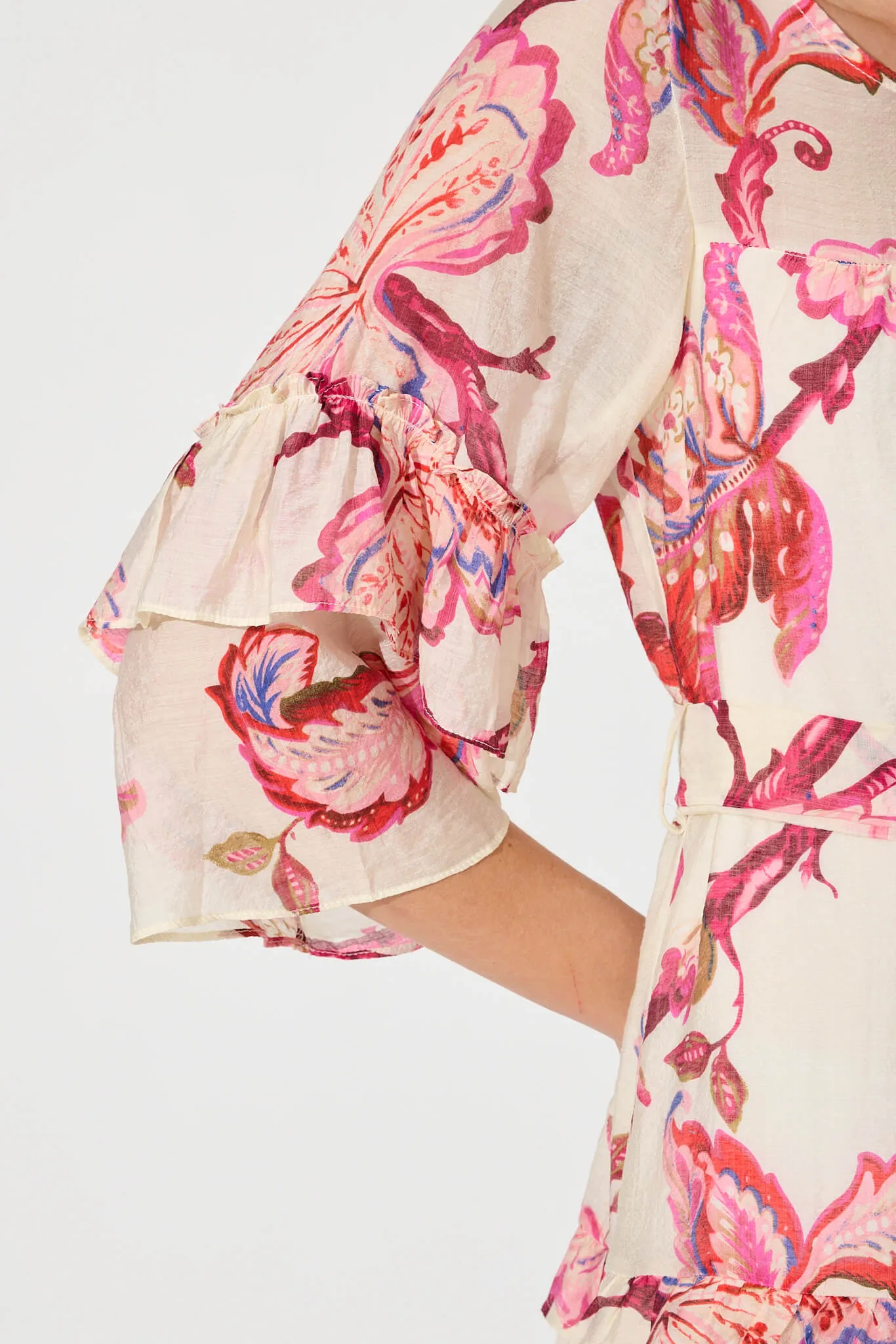 Salma Dress In Cream And Raspberry Floral Cotton Blend sold by St Frock product image thumbnail 5