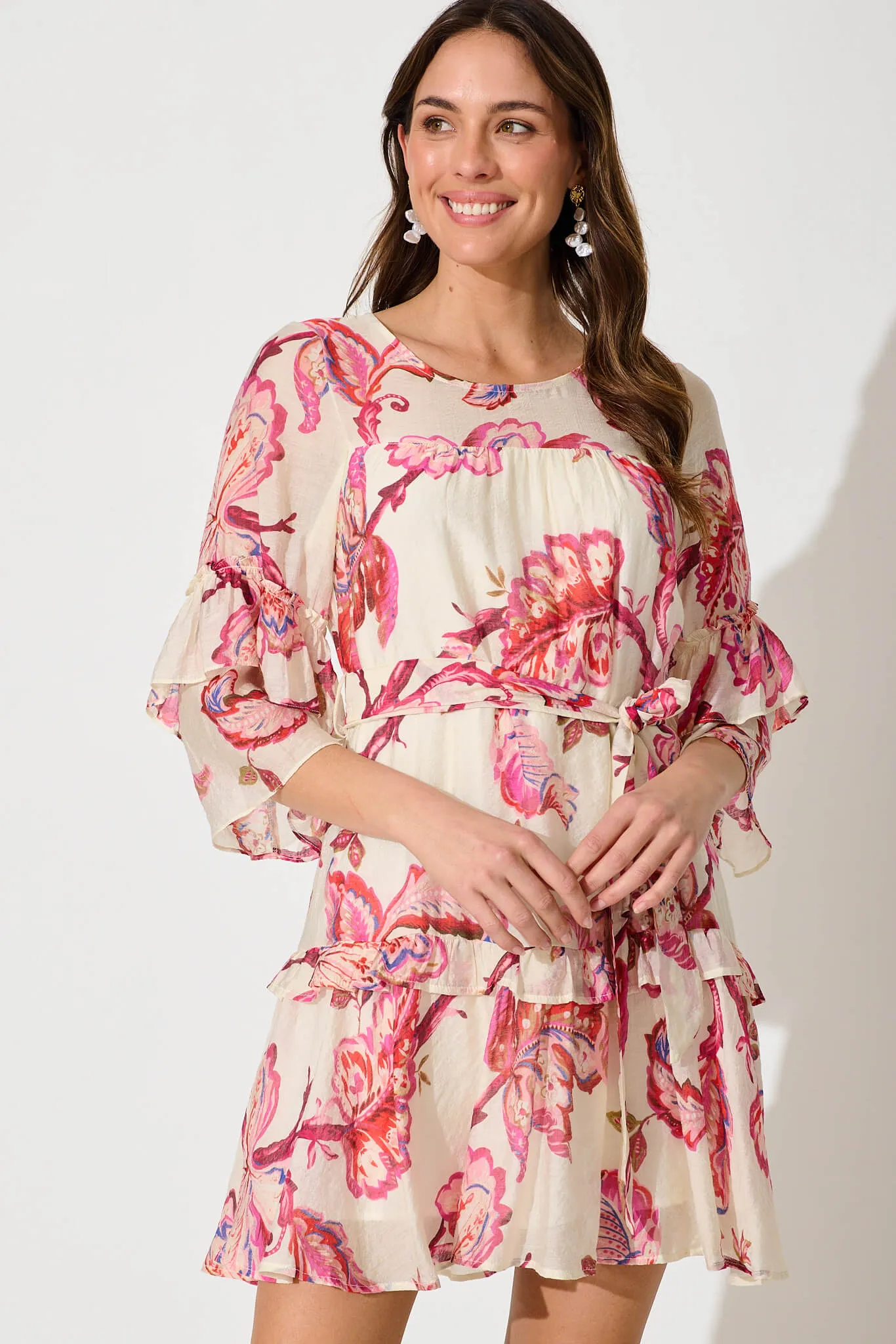 Salma Dress In Cream And Raspberry Floral Cotton Blend sold by St Frock product image thumbnail 2