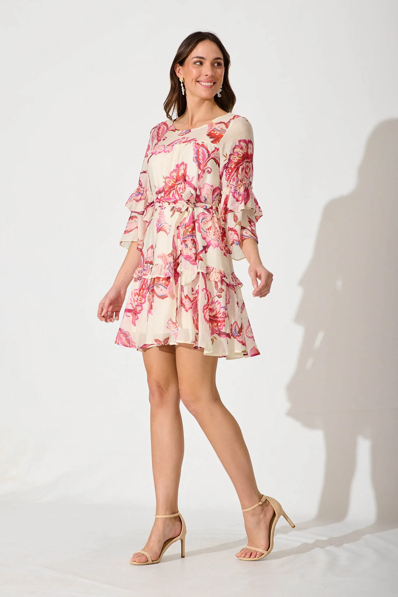 Salma Dress In Cream And Raspberry Floral Cotton Blend sold by St Frock product image thumbnail 3