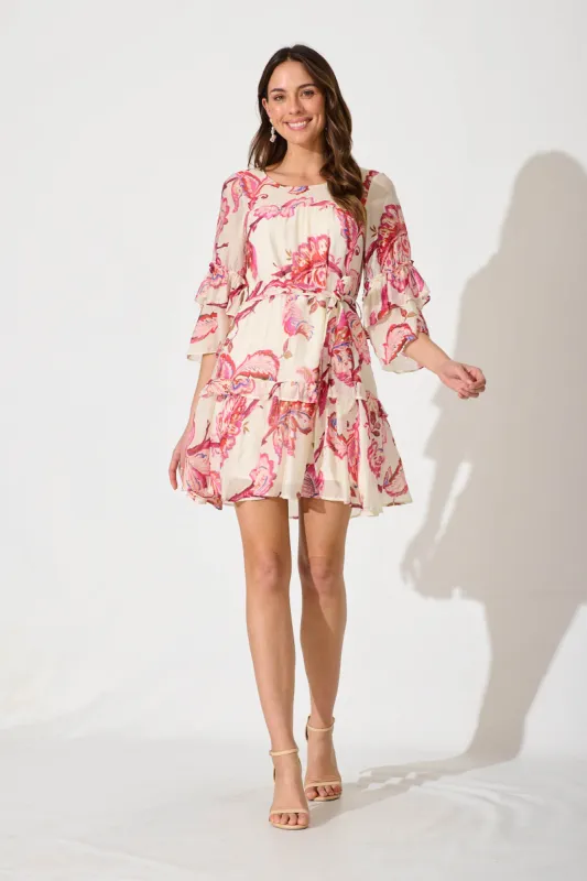 Salma Dress In Cream And Raspberry Floral Cotton Blend sold by St Frock