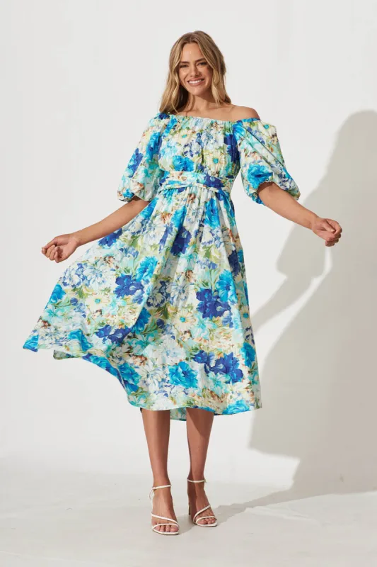Jamilia Midi Dress In Blue Multi Floral Cotton sold by St Frock