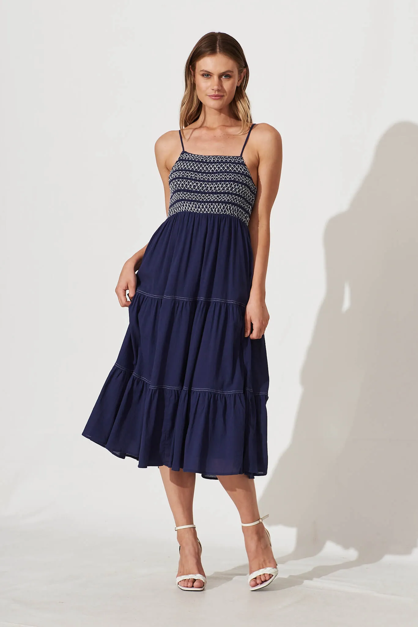 Sunseeker Midi Sundress In Navy Cotton sold by St Frock