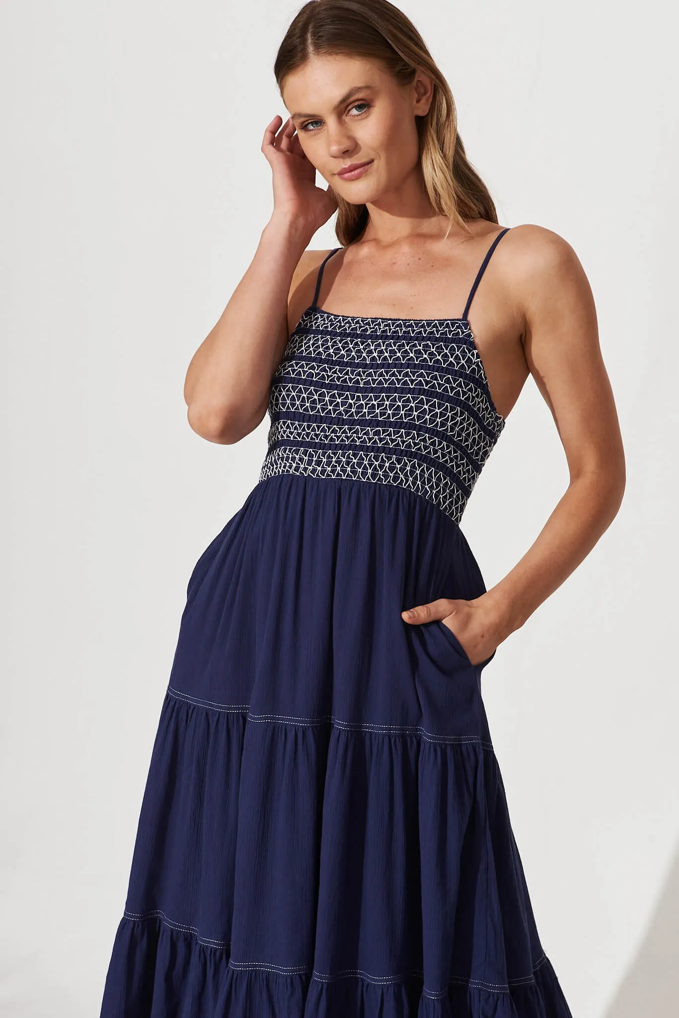 Sunseeker Midi Sundress In Navy Cotton sold by St Frock product image thumbnail 2