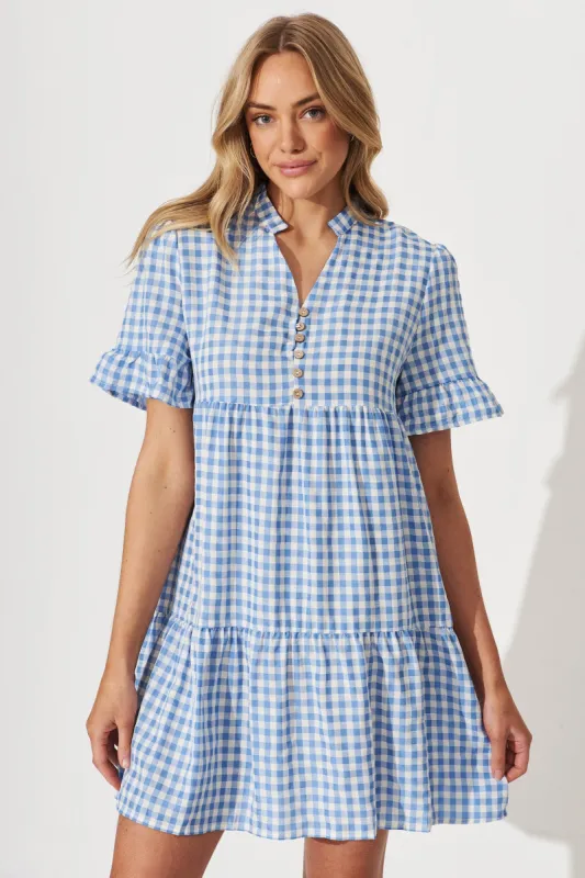 Danna Smock Dress In Blue And White Gingham Cotton Blend sold by St Frock