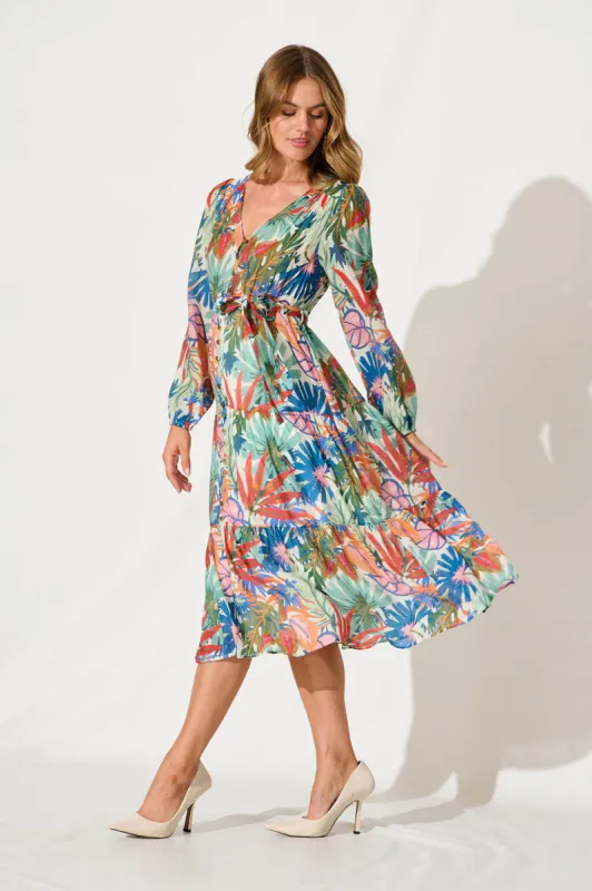 Hendrix Midi Dress In Multi Leaf Print Cotton Blend sold by St Frock