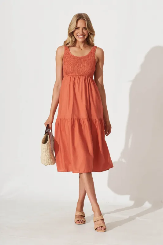 Caribbean Midi Dress In Rust Cotton Linen sold by St Frock
