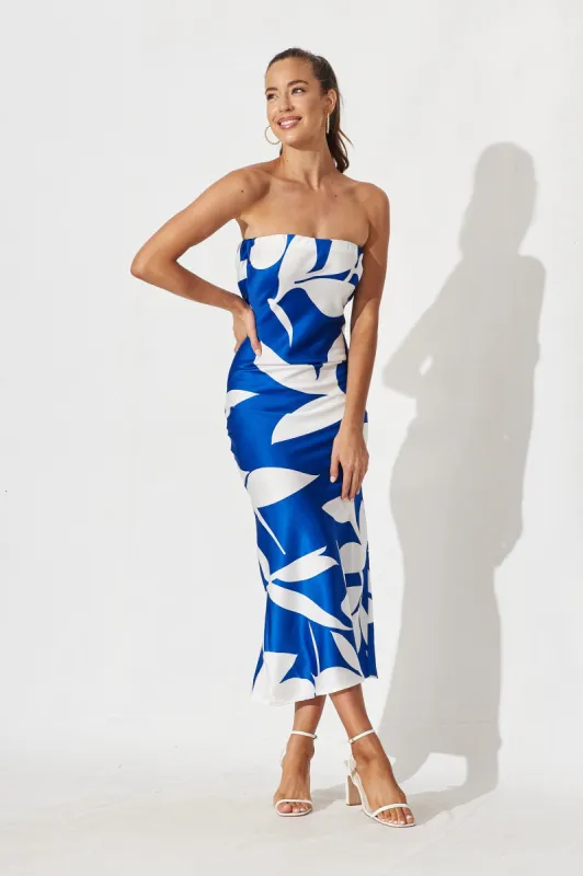 Lucia Midi Dress In Blue With White Leaf Print sold by St Frock