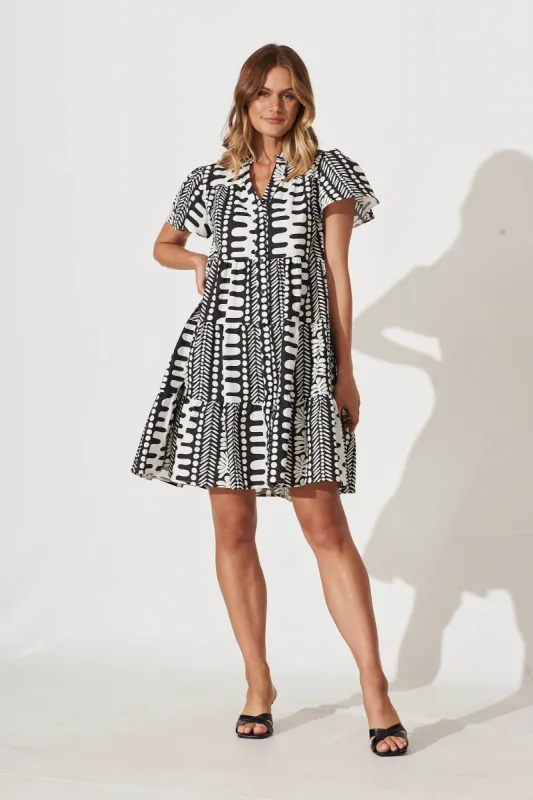 Saldana Smock Dress In Black And White Print Cotton sold by St Frock