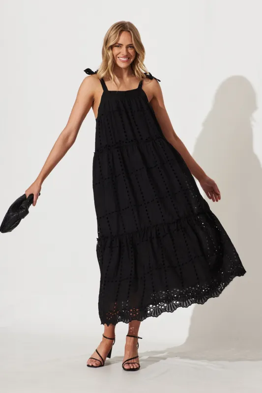 Cecilia Maxi Dress In Black Cotton Broderie sold by St Frock