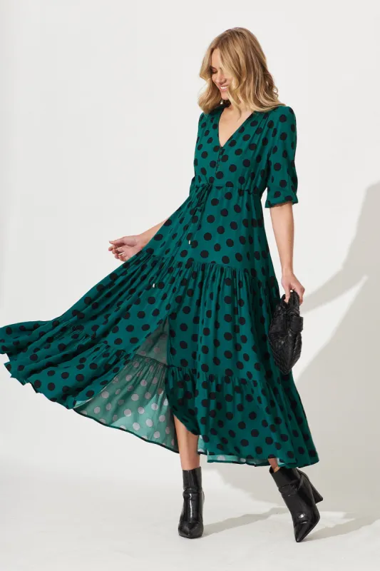 Emilia Maxi Dress In Teal With Black Spot Print sold by St Frock
