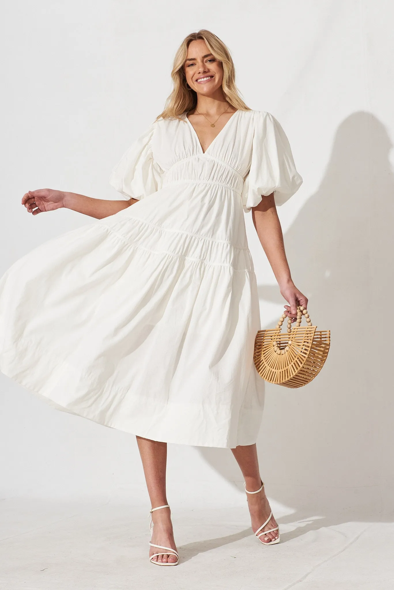 Amalie Midi Dress In White Cotton sold by St Frock
