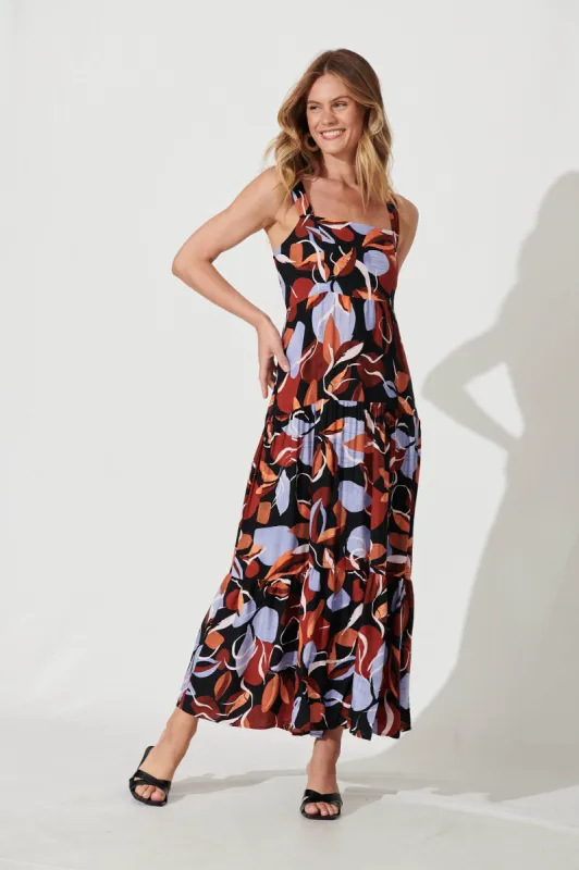 Izabel Maxi Sun Dress In Black With Brown And Blue Leaf sold by St Frock