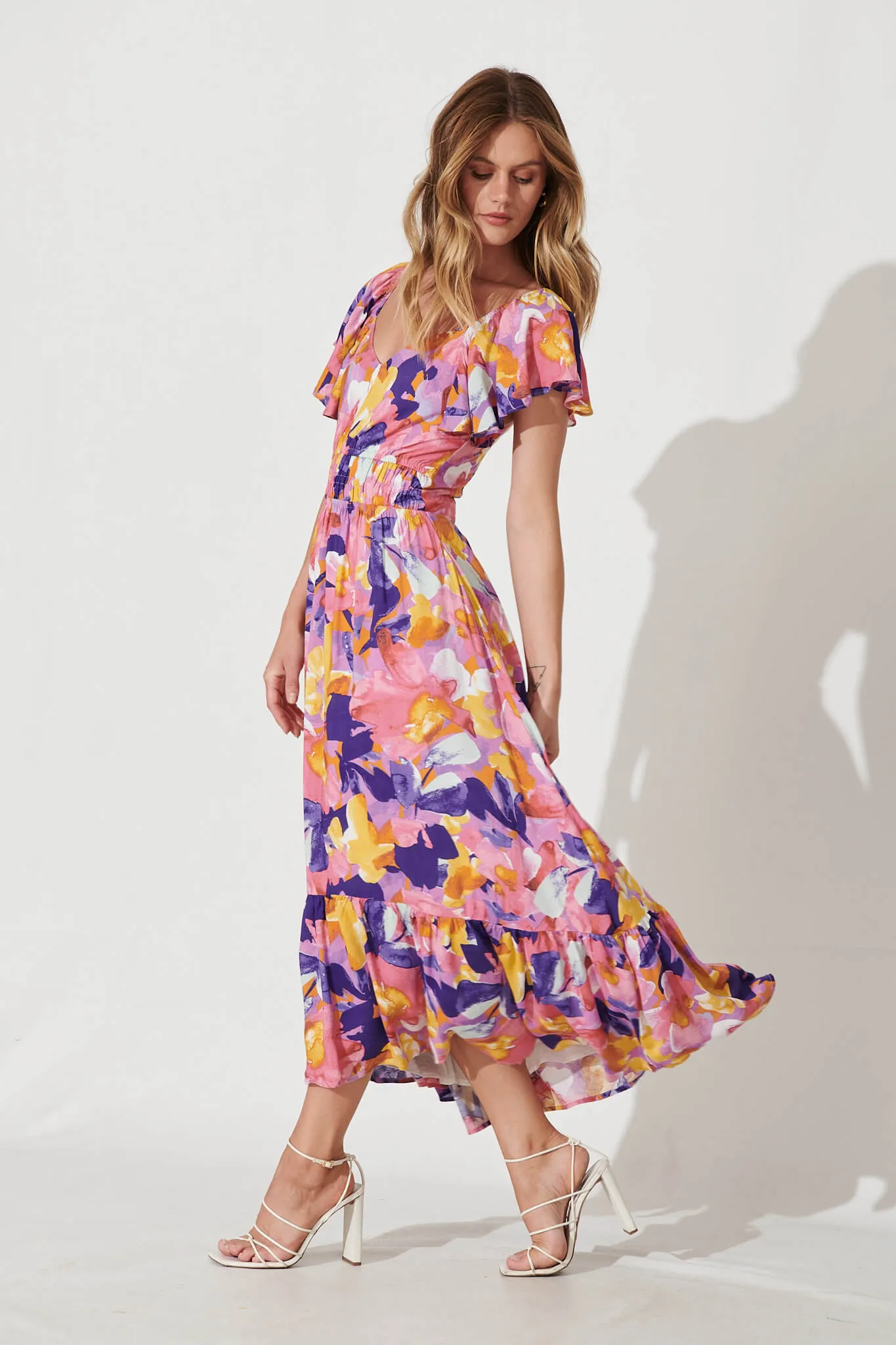Lilith Midi Dress In Pink And Purple Print sold by St Frock