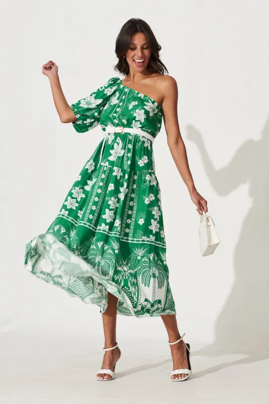Valerian Midi Dress In Green With White Floral Border sold by St Frock