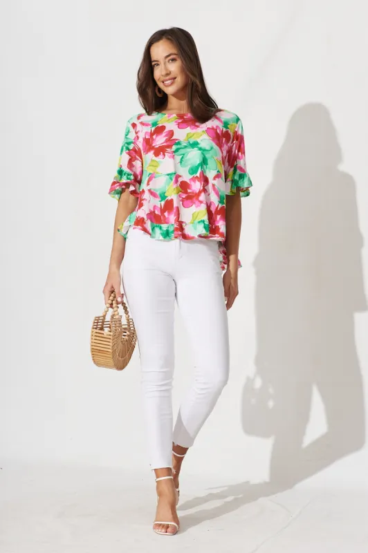 Oceania Top In Pink With Green Floral sold by St Frock