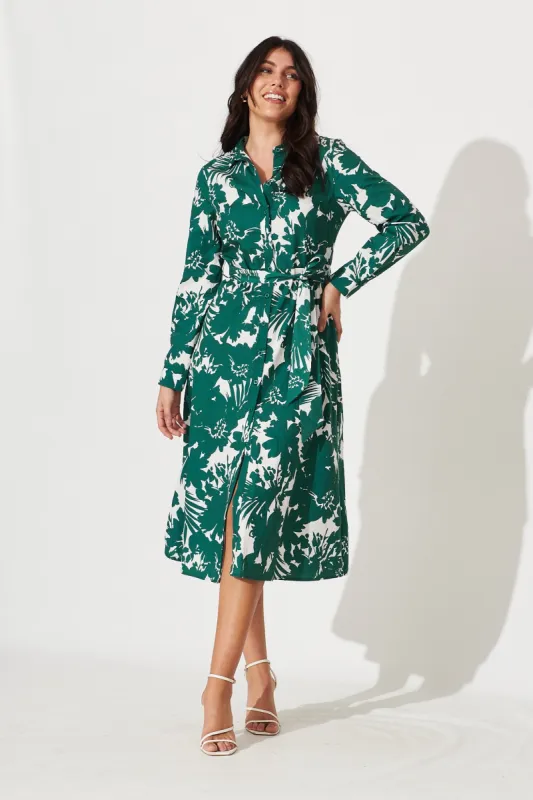 Dolce Midi Shirt Dress In Green With White Floral Cotton sold by St Frock