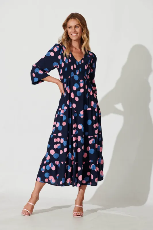 Kamikaze Midi Dress In Navy With Pink And Blue Spot sold by St Frock