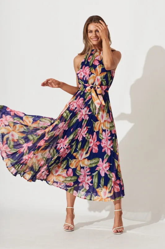 Aisha Maxi Dress In Blue With Multi Floral Pleated Lurex sold by St Frock