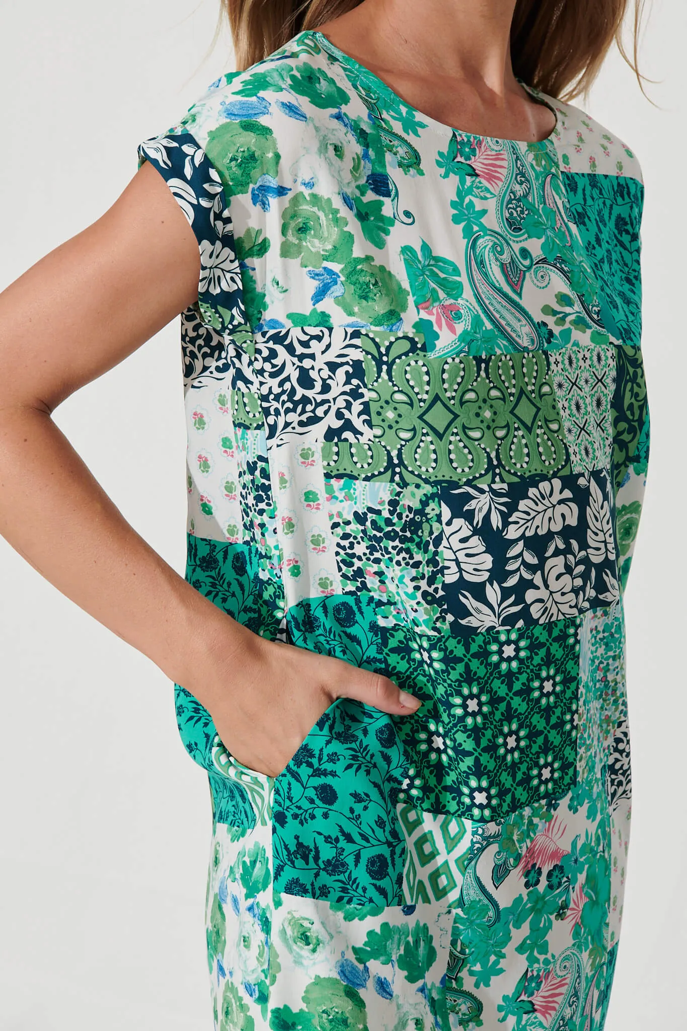 Sia Dress In Multi Green Patchwork sold by St Frock product image thumbnail 5