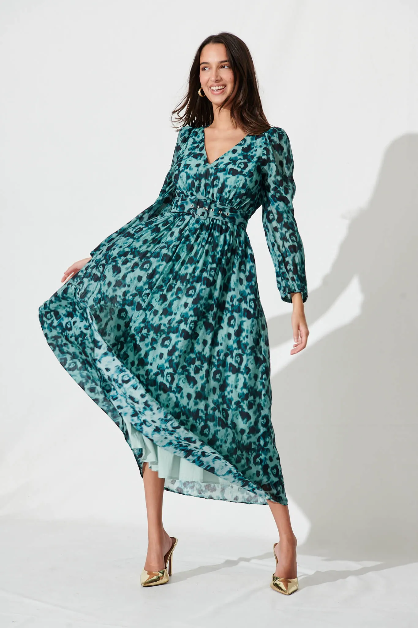 Vichy Midi Dress In Teal Watercolour Cotton Blend sold by St Frock