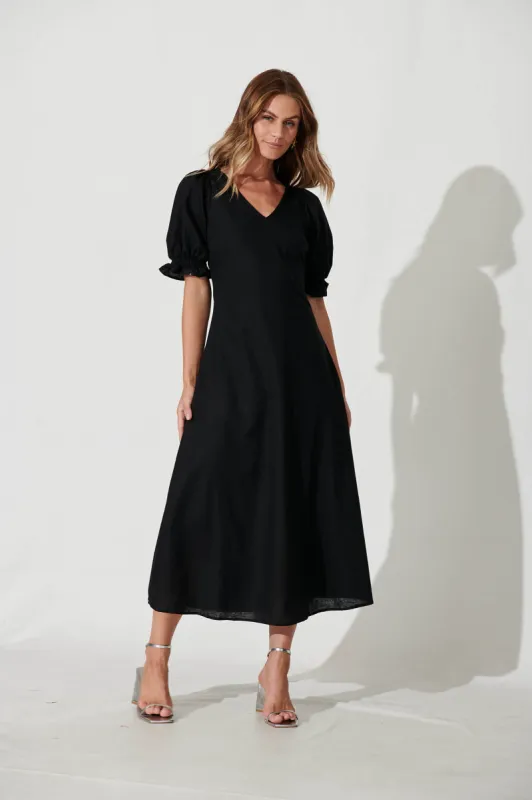 Distant Maxi Dress In Black Cotton Linen sold by St Frock