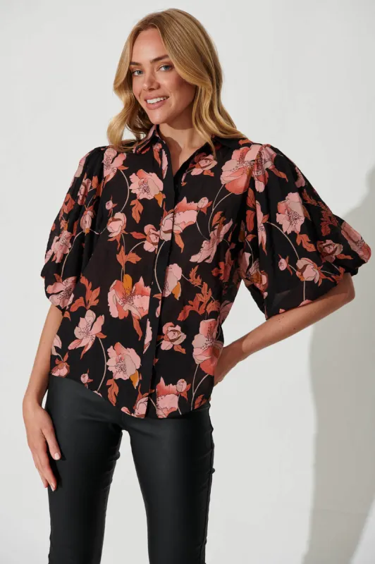 Cairo Shirt In Black With Peach Floral Print sold by St Frock