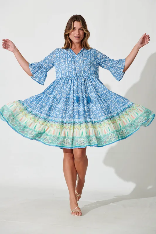Orenda Smock Dress In Blue Geometric With Border Print sold by St Frock