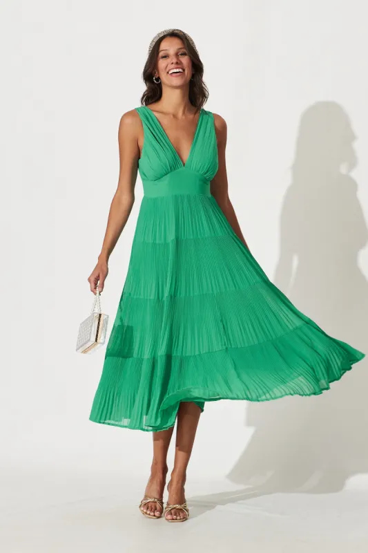 Naomi Midi Dress In Green Pleated Chiffon sold by St Frock