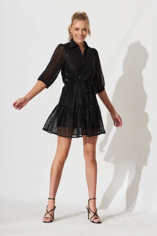 Shine Bright Sequin Shirt Dress In Black sold by St Frock