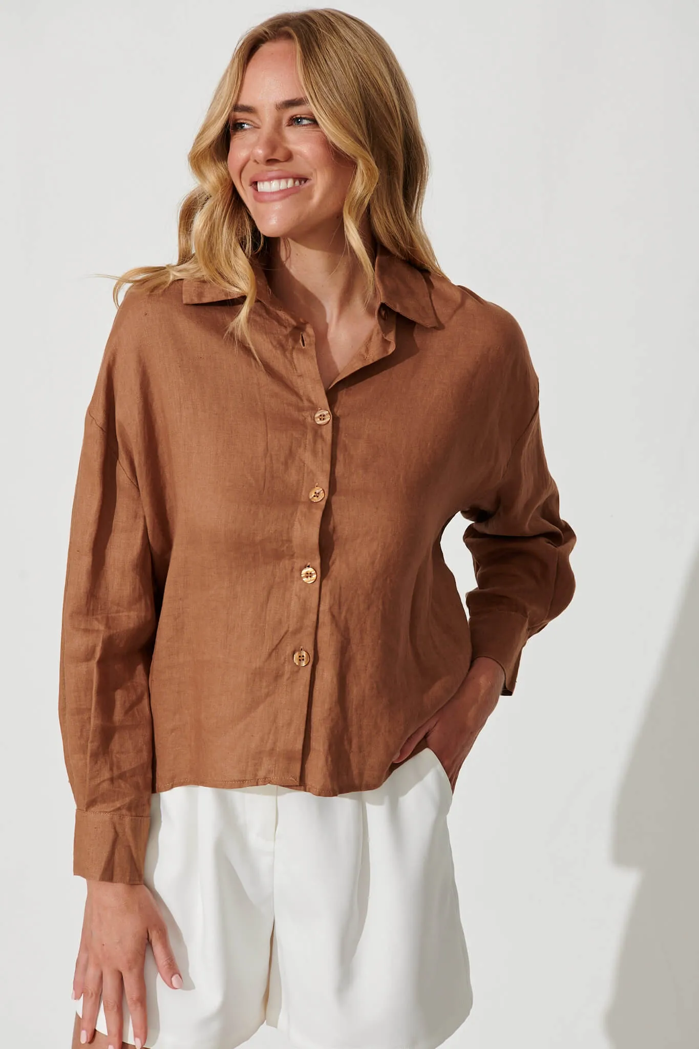 Caterina Shirt In Mocha Linen sold by St Frock