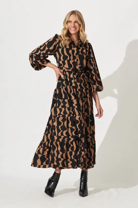 Colmar Maxi Shirt Dress In Black With Brown Print sold by St Frock