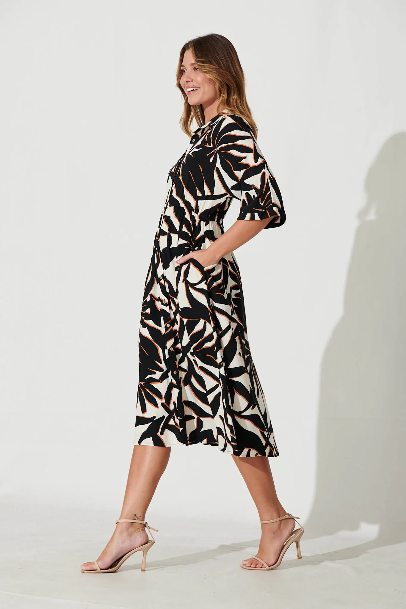 Charlotte Midi Shirt Dress In Black With Cream Print sold by St Frock product image thumbnail 4