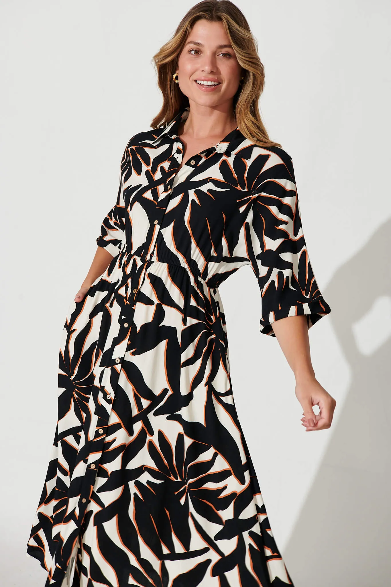 Charlotte Midi Shirt Dress In Black With Cream Print sold by St Frock product image thumbnail 2