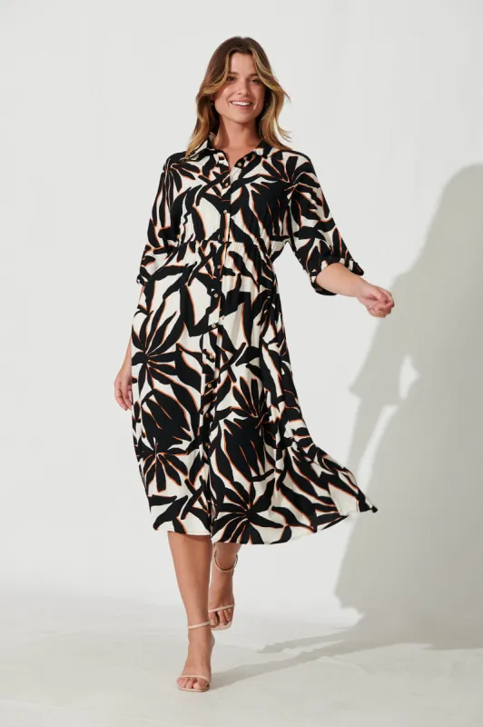 Charlotte Midi Shirt Dress In Black With Cream Print sold by St Frock