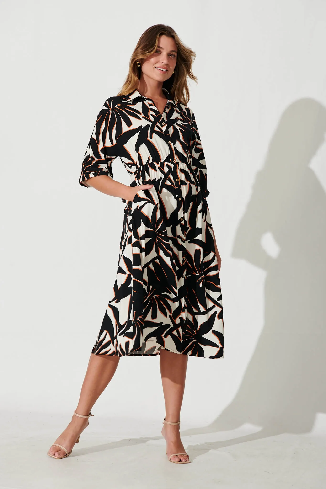 Charlotte Midi Shirt Dress In Black With Cream Print sold by St Frock product image thumbnail 3