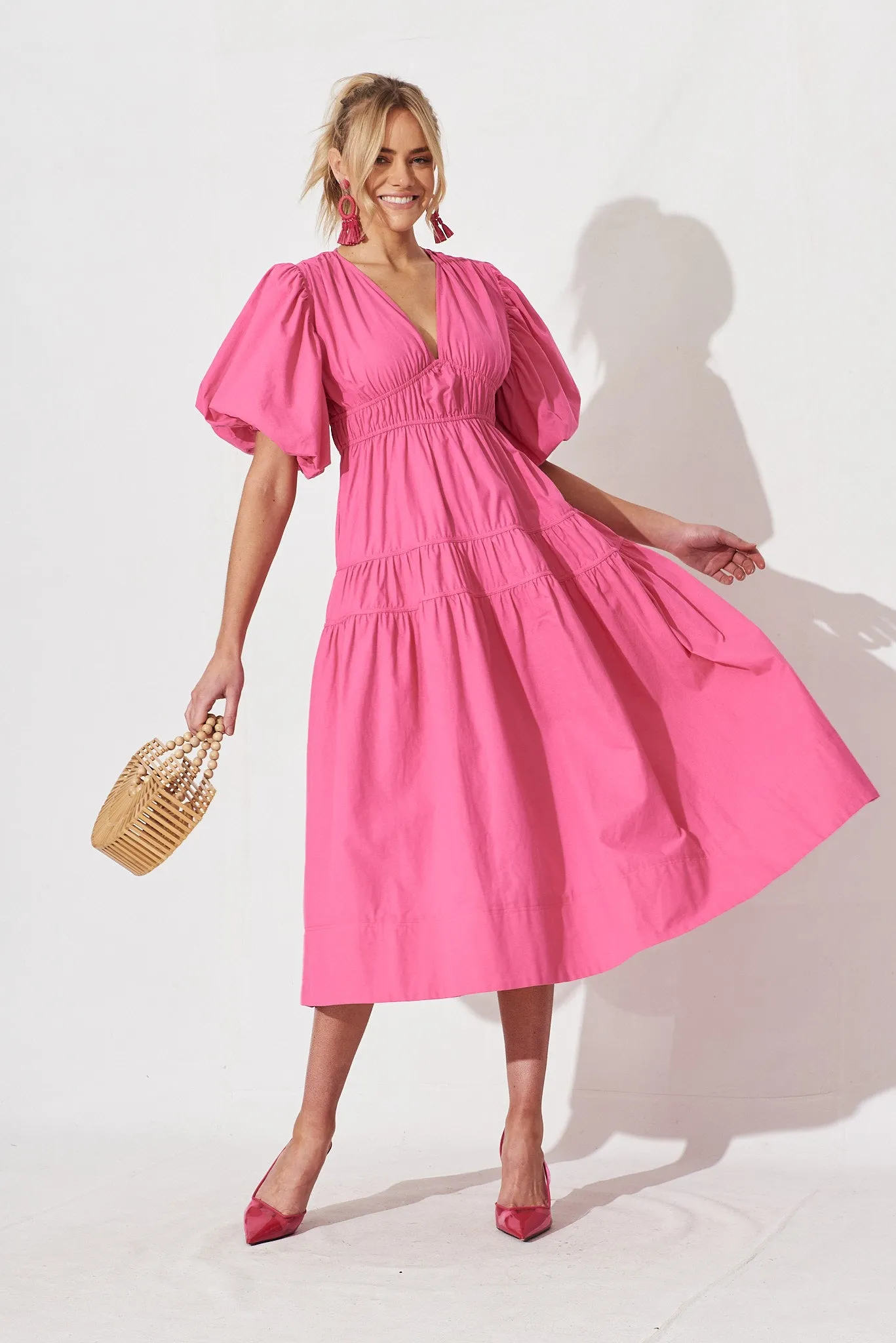 Amalie Midi Dress In Hot Pink Cotton sold by St Frock