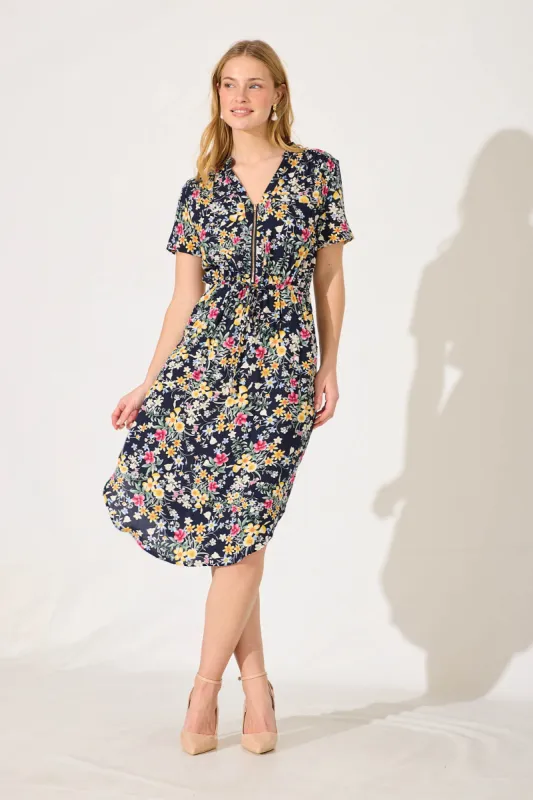 Go Getter Zip Dress In Navy With Lemon Floral sold by St Frock